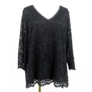 Roz & Ali Sz XL Blouse Top Black Lace 3/4 Sleeves Lace Up Neckline Women's XL